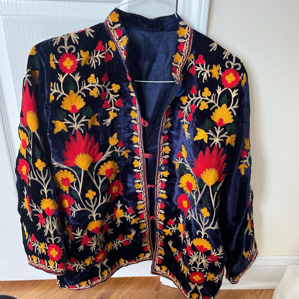 Handmade Floral Blue Velvet Eastern Style Jacket